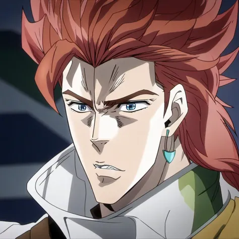 ohwx style,a dog boy, blue eyes, brown hair, earrings, face, facial hair, long hair, looking at viewer, male focus, red hair, solo, teeth, <lora:jojoART:1>