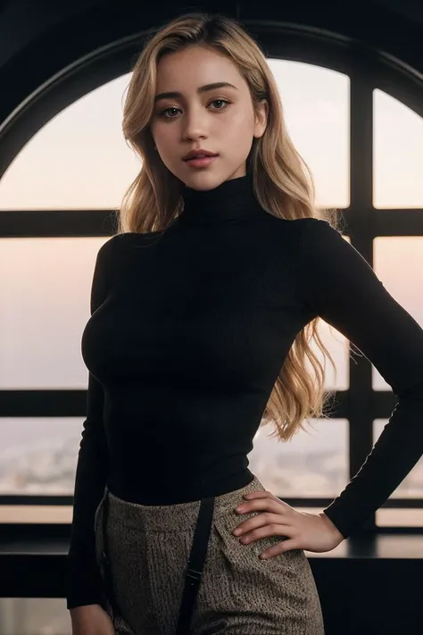 photo of C4yl33C0w4n_HM-135, a woman, perfect hair, (modern photo), wearing turtleneck and long pants, 50mm standard (analog, cinematic, film grain:1.3), Mars Terraforming Site, Area for Mars terraforming with technologies to transform the planet's environment., detailed eyes, professional pose, (epiCPhoto), (looking at viewer:1.1), (cinematic shot:1.3), (butterfly style lighting), OverallDetail, SkinHairDetail