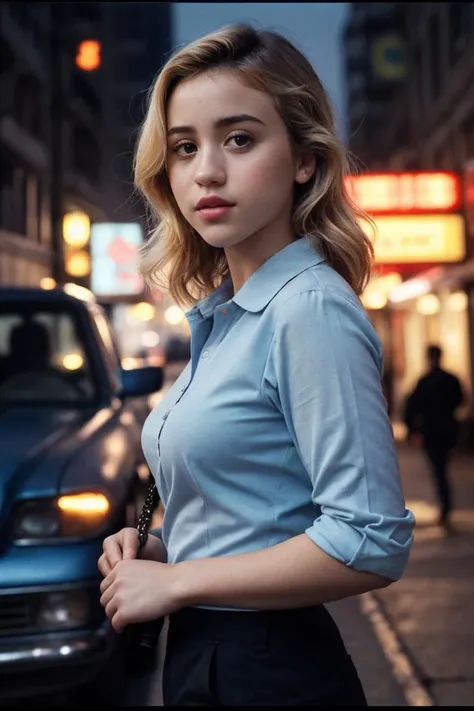 photo of C4yl33C0w4n_HM-135, a woman, perfect hair, (modern photo), wearing blue polo shirt, khaki pants, light blue vest, 20mm standard (analog, cinematic, film grain:1.3), Dystopian Slums, Gritty urban setting with rundown buildings, neon lights, scavengers, and surveillance systems., detailed eyes, professional pose, (epiCPhoto), (looking at viewer:1.1), (cinematic shot:1.3), (soft style lighting), OverallDetail, SkinHairDetail