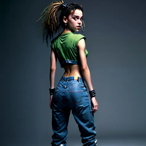 <lora:Everly_Heights_Character_Maker:1> back side, A 1990s teenage girl with crimped hair wearing a bright crop top baggy jeans and platform sneakers