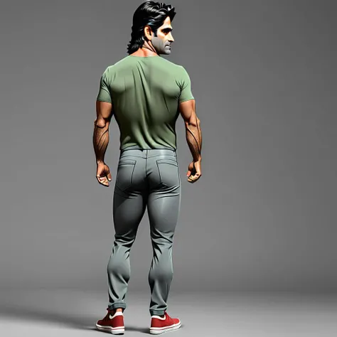 <lora:Everly_Heights_Character_Maker:1> back side, John Stamos wearing a green t-shirt gray pants and red sneakers