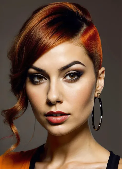 portrait of sks woman by Flora Borsi, style by Flora Borsi, bold, bright colours, orange Mohawk haircut, ((Flora Borsi)), <lora:lora_sasha_v1_from_v1_160:1>