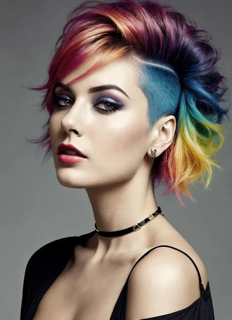 portrait of sks woman by Flora Borsi, style by Flora Borsi, bold, bright colours, rainbow Mohawk haircut, ((Flora Borsi)), <lora:lora_sasha_v1_from_v1_160:1>