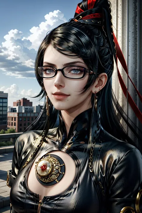 Bayo, bayonetta, 1 girl, alone, mole under mouth, Glasses, black hair, mole, jewelry, compensate, earrings, smile, eye shadow, portrait, long hair, lips, lipstick, gray eyes
