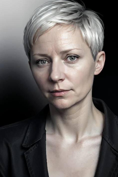 <lora:MarinaGrankovaSD:0.9> monochrome, marinagrankova, woman, age: 40 years old, very short hair, (plain black background), business portrait, close portrait, plain background, face, low key, deep shadow, black business jacket, blonde hair, black and white,,