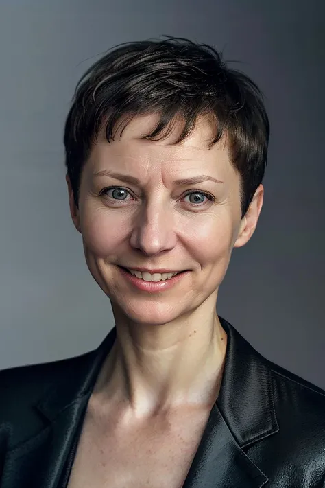 <lora:MarinaGrankovaSD:1> marinagrankova, woman, age: 40 years old, very short hair, (plain black background), business portrait, close portrait, plain background, face, low key, deep shadow, black business jacket, smile, mouth open, teeth,