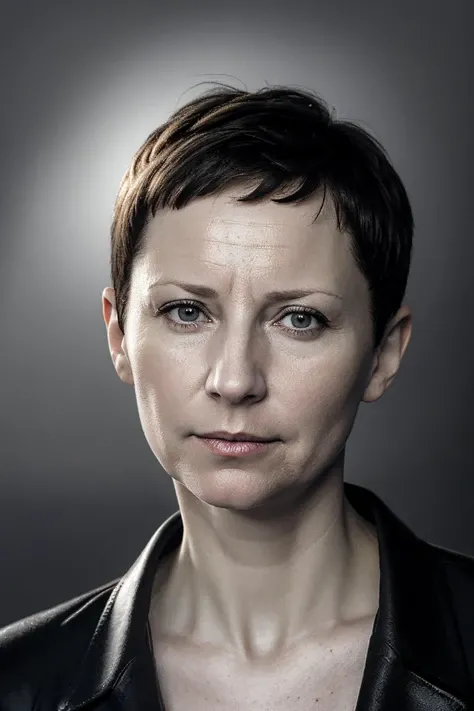 <lora:MarinaGrankovaSD:0.9> monochrome, marinagrankova, woman, age: 40 years old, very short hair, (plain black background), business portrait, close portrait, plain background, face, low key, deep shadow, black business jacket, blonde hair, black and white,,