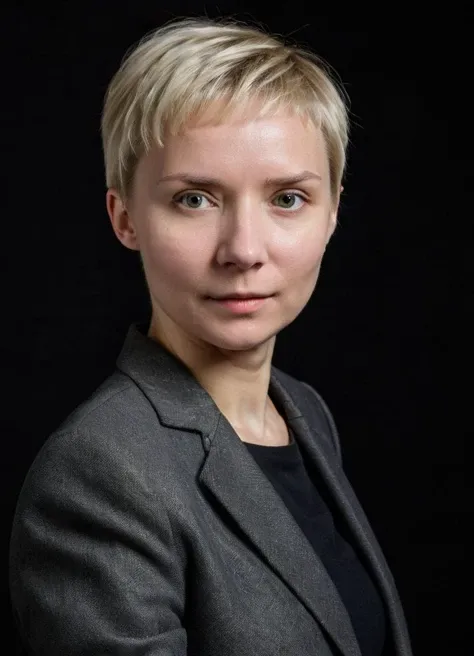 monochrome portrait of marinagrankova, a woman with short blonde hair is posing for a picture, back business jacket, black background, soft light,
<lora:MarinaGrankova_XL:0.8>