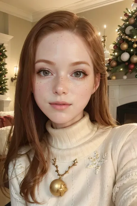 (RAW 8k photo) of mdollbot, [freckles], ginger hair, <lora:mdollbot:0.7>, (wearing edgPO pullover, edgPO, christmas themed sweater), <lora:edgPullovers:1>, (RAW photo, best quality), (realistic, photo-realistic:1.4), masterpiece, an extremely delicate and beautiful, extremely detailed, 2k wallpaper, Amazing, finely detail, extremely detailed CG unity 8k wallpaper, ultra-detailed, highres, soft light, mascara, makeup, beautiful detailed woman, smiling, perfect anatomy, long hair, extremely detailed eyes and face, beautiful detailed nose, beautiful detailed eyes, cinematic lighting, in the front room, christmas backdrop, winter scenery, christmas decorations, fireplace