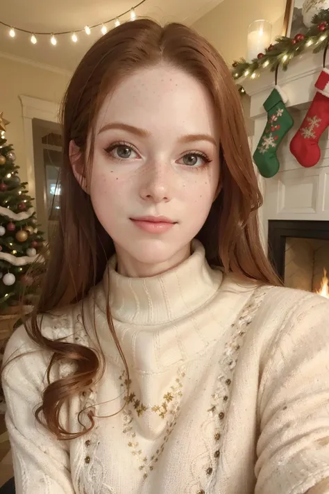 (RAW 8k photo) of mdollbot, [freckles], ginger hair, <lora:mdollbot:0.7>, (wearing edgPO pullover, edgPO, christmas themed sweater), <lora:edgPullovers:1>, (RAW photo, best quality), (realistic, photo-realistic:1.4), masterpiece, an extremely delicate and beautiful, extremely detailed, 2k wallpaper, Amazing, finely detail, extremely detailed CG unity 8k wallpaper, ultra-detailed, highres, soft light, mascara, makeup, beautiful detailed woman, smiling, perfect anatomy, long hair, extremely detailed eyes and face, beautiful detailed nose, beautiful detailed eyes, cinematic lighting, in the front room, christmas backdrop, winter scenery, christmas decorations, fireplace