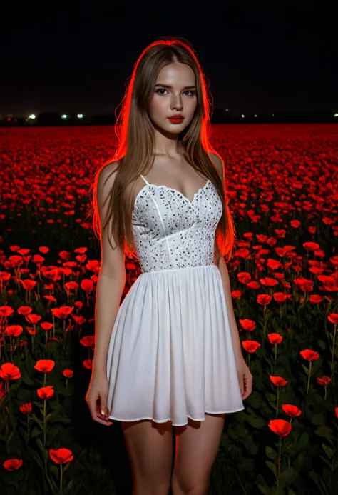 beautiful girl,night flower field, long hair, short white dress,  red light contour   <lora:light_contour_sdxl:1>