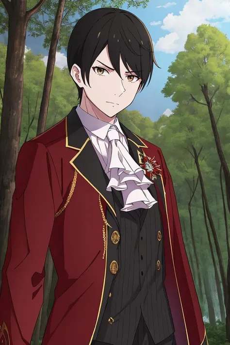 masterpiece, best quality, <lora:VincentVollachiaV1-000090:1>, Vincent, mature_male, male_focus, white_gloves, standing, black_hair, brown_eyes, red_coat, owboy_shot, black_pants, forest, trees, godrays