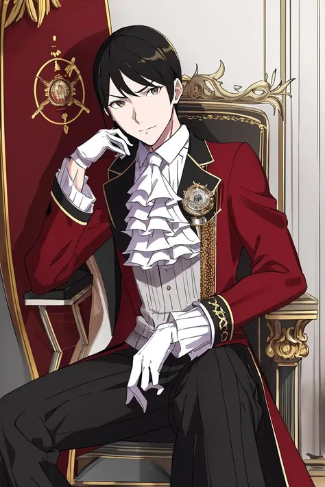 masterpiece, best quality, <lora:VincentVollachiaV1-000090:1>, Vincent, mature_male, male_focus, white_gloves, standing, black_hair, brown_eyes, red_coat, owboy_shot, black_pants, palace, throne, sitting