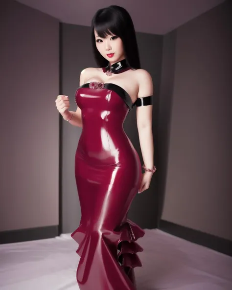 Professional fetish model posing for a picture, (latex corsage) (full body), asian,(Professional photography:1.3),realistic,<lora:anotherlatexlorav2:0.8>