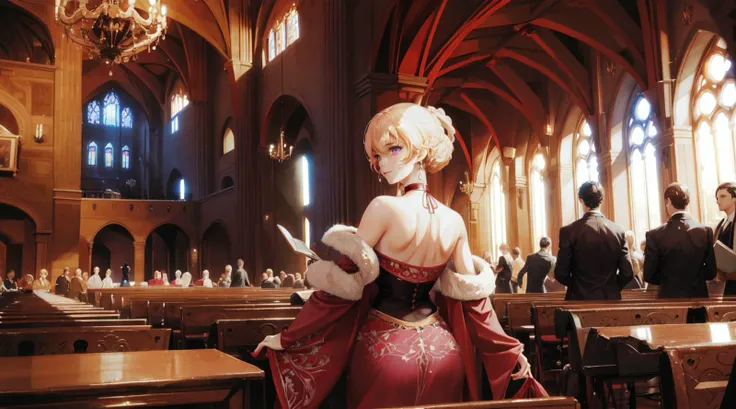 only one main character, beautiful, masterpiece, detailed background, best quality, high quality, highres, wallpaper, scenery, colorful, armor, cinematic, choker, full body, beautiful face, red pupil, clear and sharp, bareback, bare shoulder, detailed face, smile, balanced face, fighting, castle, lance, knights, medieval, church, (purpleheart:0.6), <lora:girlsFrontlineOts14_v30:0.8>, indoor, crowd people, crowd