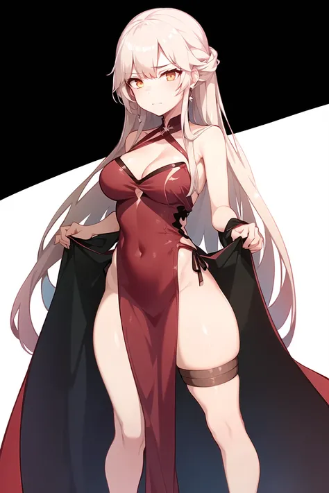 1girl, solo, ots-14 \(girls' frontline\), redgown, red dress, cleavage, standing, white background, simple background, <lora:GFL_Ots14:0.7>