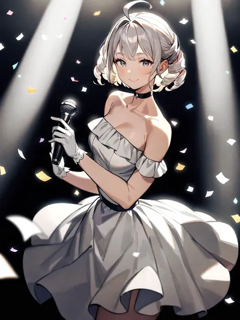 1girl, solo, dress, confetti, gloves, holding, short hair, white gloves, choker, bare shoulders, holding microphone, white dress, off-shoulder dress, white hair, smile, drill hair, ahoge, black background, spotlight, grey eyes, collarbone,masterpiece,best quality,very aesthetic,absurdres