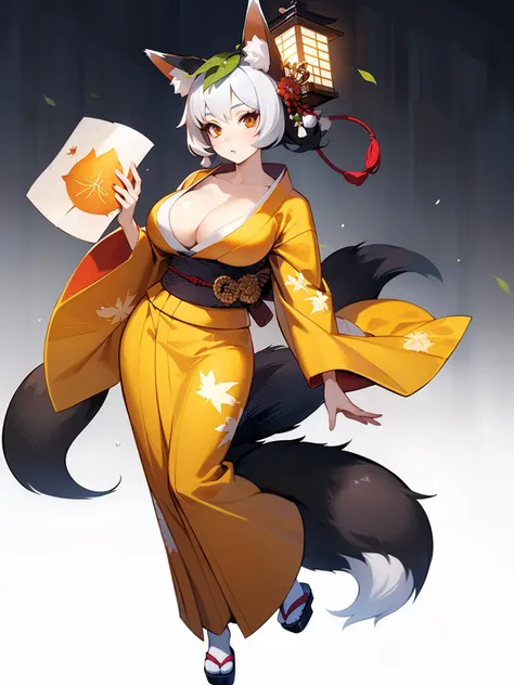 1girl, animal ears, fox ears, breasts, lantern, japanese clothes, tail, fox tail, fox, leaf on head, kimono, leaf, cleavage, paper lantern, large breasts, solo, simple background, orange eyes, white background, orange kimono, sandals, BREAK