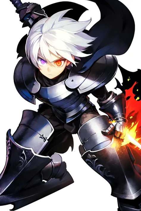 oswald, solo, weapon, armor, sword, male focus, 1boy, white hair, black armor, purple eyes, white background, glowing, full body, greaves, red eyes, gauntlets, glowing eye