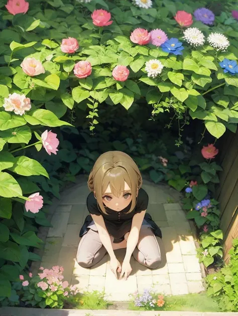 1girl, kanatarnd, kanatasixth, garden, crouching down, flowers, dirt, from above, sunlight,