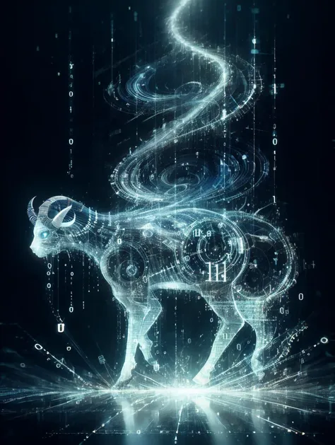 digital art, a Food shot of Spirit guide, Underworld Constellation,Mountain Goat,Tsunami,Dormer Window <lora:binarycode:1>,