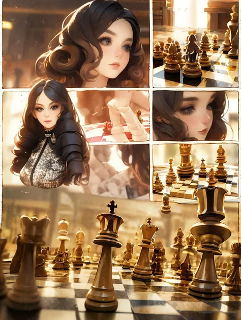 vast chessboard, Collage shot of a 1girl of 26yo (De Yin:1.3), Corkscrew Curls hair <lora:chess_20231101021259:1>,