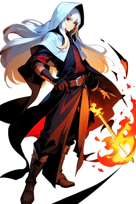 solo, 1boy, male focus, fire, staff, gloves, long hair, boots, wizard, white hair, hood, robe, white background, belt, red eyes