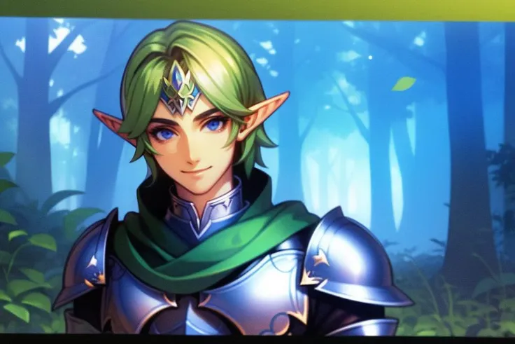 masterpiece, high quality, amazing details, elf male, knight, amazing smile, leaves around, magic forest on background