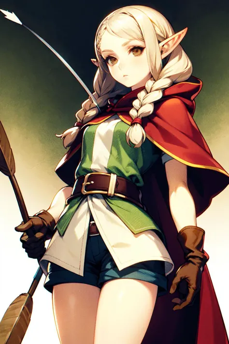 1girl, solo, elf, pointy ears, braid, twin braids, gloves, brown eyes, belt, hood, cloak, long hair, arrow \(projectile\), shorts