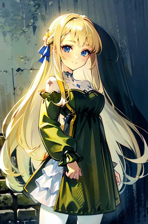 ultra detailed, masterpiece, best quality, solo, soft smile, light smile, 1girl, blue eyes, very long hair, blonde hair, long blonde hair, french braid, bangs, medium breasts, cowboy shot, 
hair ribbon,   <lora:OUTFIT-heavyrain_tranquil_mossV2-000012:1> outfit-moss dress, white pantyhose,