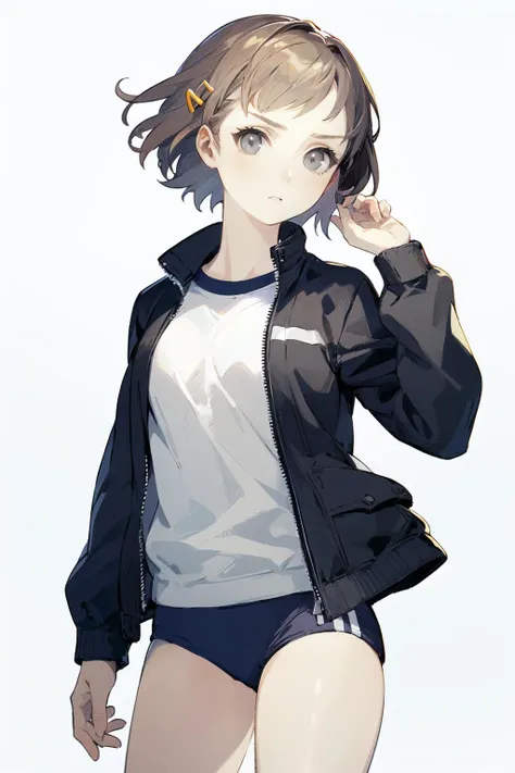 minami natsuno, 1girl, solo, jacket, buruma, short hair, white background, simple background, black jacket, open jacket, shirt, open clothes, white shirt, brown hair, gym uniform, cowboy shot, looking at viewer, brown eyes, long sleeves, hair ornament, track jacket, hand up, hairclip, standing, zipper, grey eyes