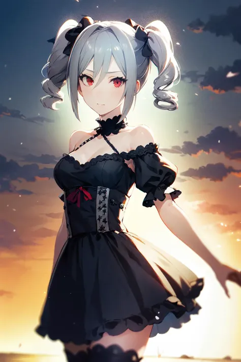 kanzaki ranko,
solo,1girl,
grey hair,short hair,hair between eyes,twin drills,red eyes,medium breasts,black dress, outdoors, cowboy shot, fantasy,