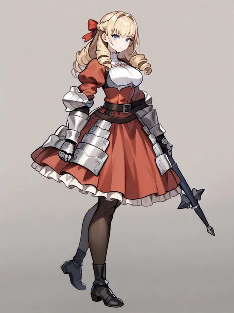 scarlett, 1girl, gauntlets, solo, blue eyes, blonde hair, white background, dress, holding, armor, simple background, full body, red dress, weapon, black footwear, drill hair, looking at viewer, breasts, holding weapon, standing, closed mouth, boots, ribbon, long hair, puffy sleeves, from side, red ribbon, bangs, hair ribbon, belt, large breasts, pantyhose, armored dress,masterpiece,best quality,very aesthetic,absurdres