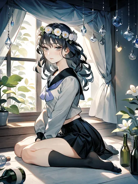 shinonome ryoko, medium hair, 1girl, solo, sitting, skirt, flower, curtains, school uniform, socks, head wreath, serafuku, window, looking at viewer, black skirt, indoors, wariza, black hair, plant, long sleeves, black socks, grey eyes, bottle, white flower, kneehighs, shirt,masterpiece,best quality,very aesthetic,absurdres