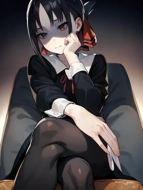 shinomiya kaguya,1girl,solo,shaded face,hand on own chin,shuuchiin academy school uniform,black pantyhose,sitting,crossed legs,masterpiece,best quality,very aesthetic,absurdres