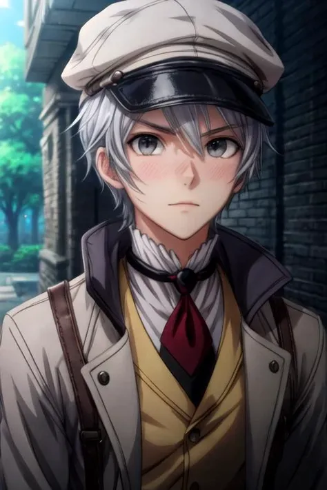 masterpiece, best quality, game cg, 1boy, solo, male focus, looking at viewer, , depth of field, anime coloring, , <lora:lux_arcadia:0.74>, lux_arcadia, grey hair, grey eyes, , newsboy cap, ,