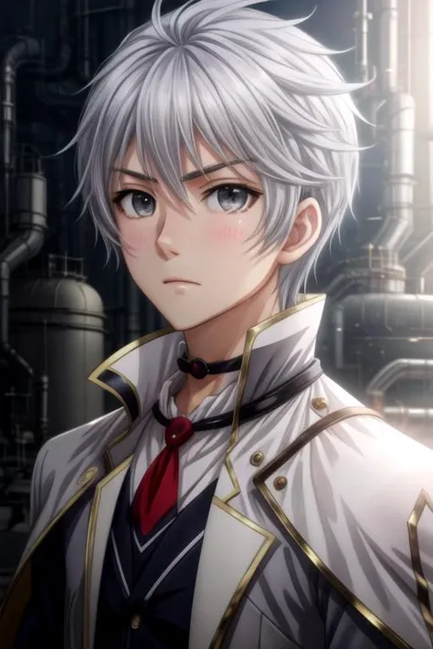 masterpiece, best quality, wallpaper, 1boy, solo, male focus, looking at viewer, , depth of field, anime coloring, , <lora:lux_arcadia:0.68>, lux_arcadia, grey hair, grey eyes, , nuclear powerplant, 2k resolution