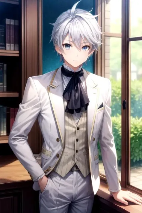 masterpiece, best quality, , 1boy, solo, male focus, looking at viewer, , , anime coloring, , <lora:lux_arcadia:0.68>, lux_arcadia, grey hair, grey eyes, businessman costume, ,