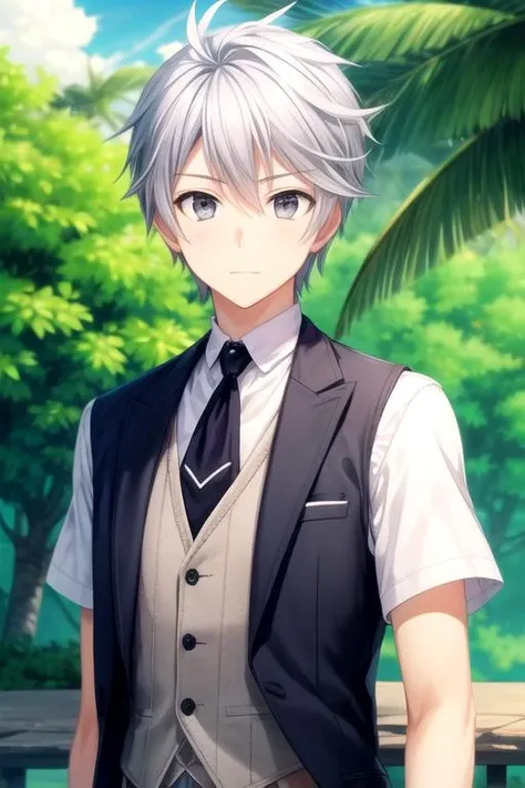 masterpiece, best quality, , 1boy, solo, male focus, looking at viewer, upper body, , , , <lora:lux_arcadia:0.74>, lux_arcadia, grey hair, grey eyes, suit vest, , A tropical paradise where the sun shines brightly every day,