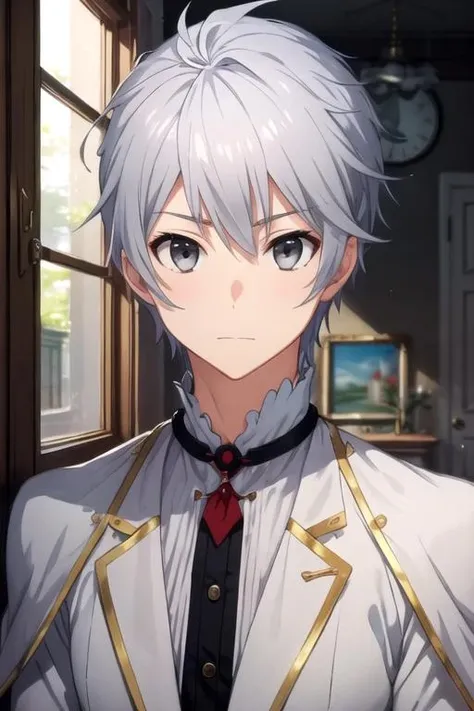 masterpiece, best quality, photorealistic, 1boy, solo, male focus, looking at viewer, , depth of field, , , <lora:lux_arcadia:0.72>, lux_arcadia, grey hair, grey eyes, renaissance costume, prison,