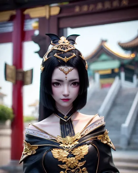 1girl, black hair, chinese clothes, depth of field, lips, looking at viewer, solo
