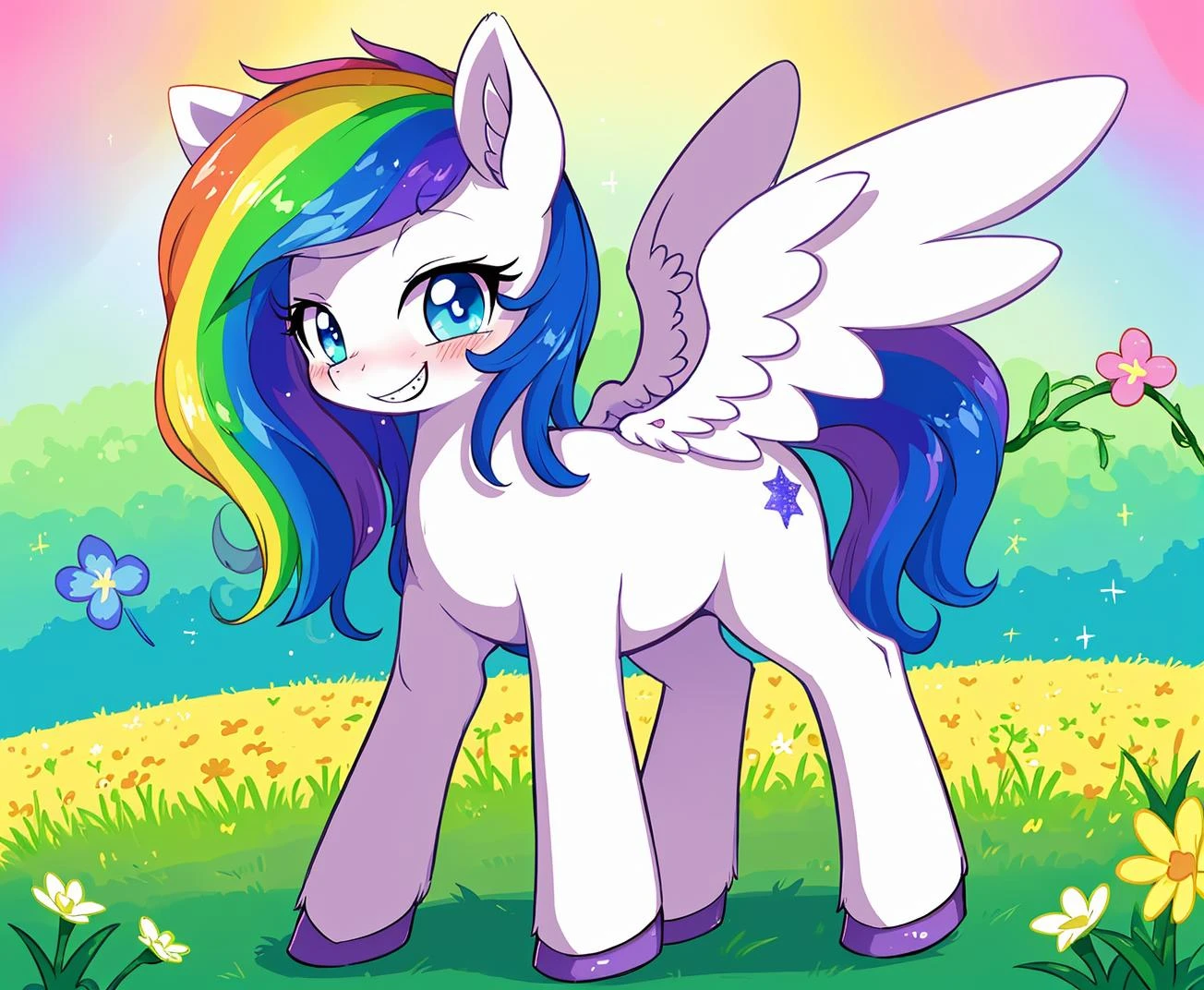 <lora:70_CutePony:0.7>, feral pony, Derpibooru_p_95, (small:1.2), (cute:1.2), tail, fur, hooves, (small body:1.2), (blush:1.1), grin, safe, multicolored skin, multicolored hair, earth pony, standing, blue sparkle eyes, rainbow, Pegasus, Pegasus wings
from below, colorful flower meadow background, (vector:0.8) (detailed:0.6)