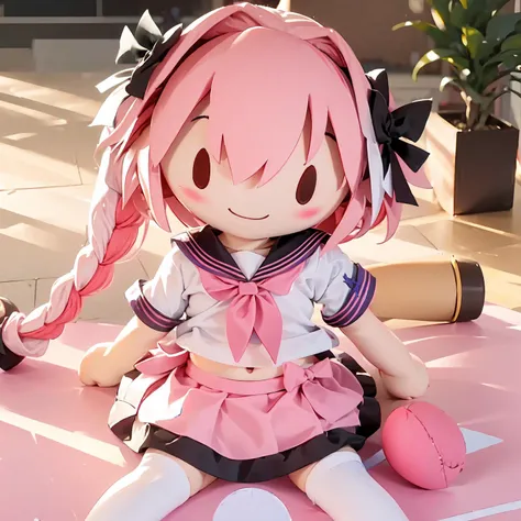 Astolfo, blush, braid, looking at viewer, white hair, purple eyes, short sleeves, thighhighs, hair bow, bow, black bow, pleated skirt, otoko no ko, solo, pink hair, serafuku, white thighhighs, pink skirt, single braid, navel, skirt, long hair, sailor collar, hair intakes, streaked hair, braided ponytail, school uniform, outdoors, sitting, smile, wariza, from above,