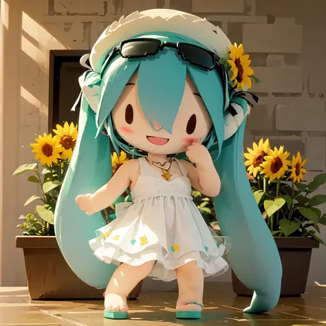 wanju\(fufu\),solo, chibi, sunflower, flower, dress, hatsune miku, white dress, long hair, hat, twintails, sandals, straw hat, very long hair, smile, jewelry, open mouth, looking at viewer, yellow flower, necklace, bow, sun hat, full body, tattoo, sundress, sleeveless, breasts, standing, sleeveless dress, hat flower, :d, aqua hair, bangs, red bow, blush, arm up, bare shoulders, sunglasses, black ribbon, collarbone, eyewear removed, green eyes, ribbon, aqua eyes, brown headwear, black bow, bare legs, short dress, toes, character name, toenails, grass, bare arms, frills, black footwear, hand on headwear, eyewear hang, number tattoo, frilled dress