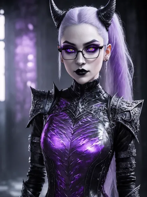 ultra detailed abstract photography of a cute pale draconian girl in full body pose, mix of dragon and girl, half dragon, silver ponytail with strands hair, (masterpiece), realistic, beautiful face, cinematic light, (beautiful purple cat eyes:1.3), perfect anatomy,dragon horns,
night sky moonlight, starry background,
fine detailed silver crescent glasses, pointy ears, cowboy shot, medium breasts,(black metaloutfits:1.3),black lips, black eye shadow,
hyperdetailed painting, luminism, 4k resolution,
Soft Lighting, Photographic Realism,
3d rendering, octane rendering, <hypernet:metaloutfits-3500:.6>