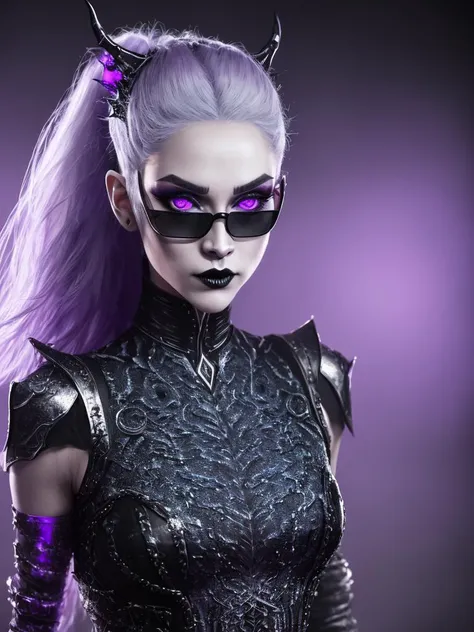 ultra detailed abstract photography of a cute pale draconian girl in full body pose, mix of dragon and girl, half dragon, silver ponytail with strands hair, (masterpiece), realistic, beautiful face, cinematic light, (beautiful purple cat eyes:1.3), perfect anatomy,dragon horns,
night sky moonlight, starry background,
fine detailed silver crescent glasses, pointy ears, cowboy shot, medium breasts,(black metaloutfits:1.3),black lips, black eye shadow,
hyperdetailed painting, luminism, 4k resolution,
Soft Lighting, Photographic Realism,
3d rendering, octane rendering, <hypernet:metaloutfits-3500:.6>