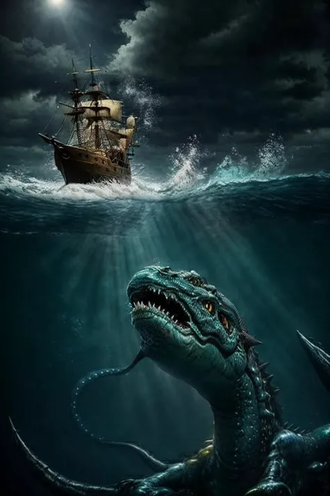 a stunning photo with beautiful saturation, ultra high resolution,(realistic:1.3), deep shadow, (best quality, masterpiece), dimly lit, shade, highly detailed, <lora:SeaMonster-v1.0:0.7>, undersea, sea monster, boat, (masterpiece,best quality:1.3)