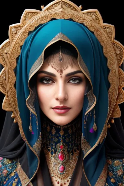 style-colour-magic, raw photo (masterpiece), (((masterpiece))), (((best quality))), ((ultra-detailed)), a portrait of a persian woman wearing a liquid niqab, (character focus)  extreme detailed, highest detailed,