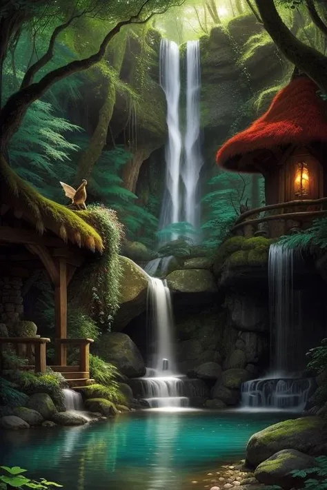 serene depiction of a D&D wood elf bathing in a tranquil pool within the enchanting forest, illustrated by the skilled fantasy artist, Silvanus Evergreen. (Graceful:1.2) figure immersed in the crystal-clear waters, (gently:1.1) cascading waterfall creating a soothing ambiance, (dappled:1.1) sunlight filtering through the lush foliage, (refreshed:1.1) expression reflecting the elf's connection to nature, (vibrant:1.1) surroundings brimming with flora and fauna, (harmonious:1.1) union of elf and forest, (unveiling:1.1) the elf's peaceful connection with her environment, (capturing:1.1) the tranquility of the moment, (immortalizing:1.1) the beauty of the wood elf and her forest sanctuary.