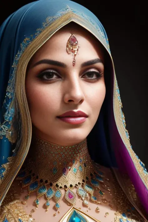 style-colour-magic, raw photo (masterpiece), (((masterpiece))), (((best quality))), ((ultra-detailed)), a portrait of a persian woman wearing a liquid niqab, (character focus) extreme detailed, highest detailed,